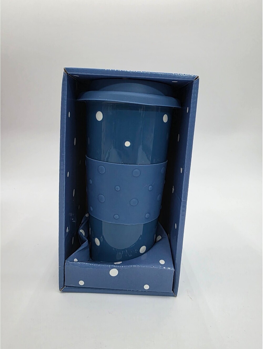 Blue Polka Dot Travel Mug with Lid and Silicone Grip